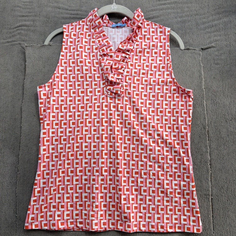 J.McLaughlin Catalina Cloth Sleeveless Ruffle Neck Top Pink Geometric Women M